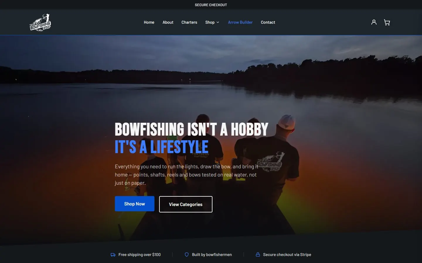 The Bowfishing Shop website homepage, desktop view